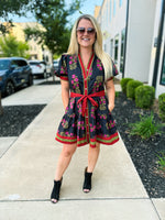 Black Floral Print Dress with Waist Tie