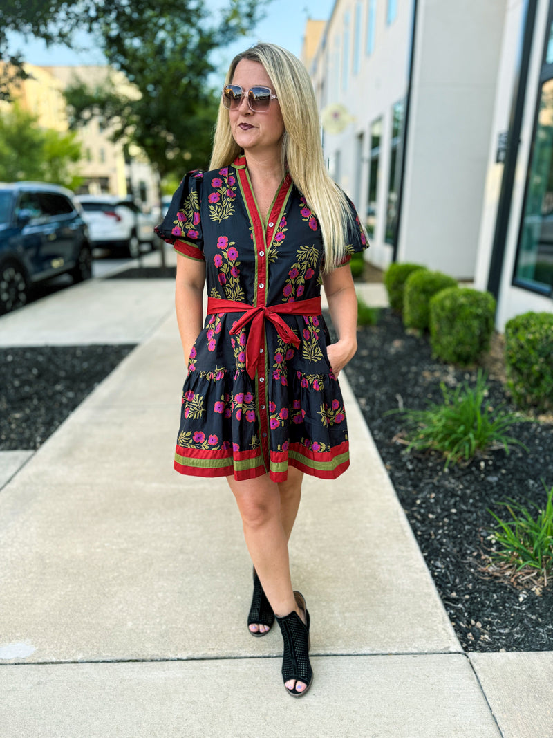 Black Floral Print Dress with Waist Tie