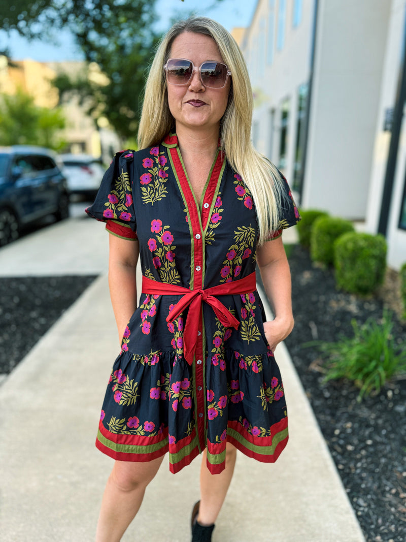 Black Floral Print Dress with Waist Tie