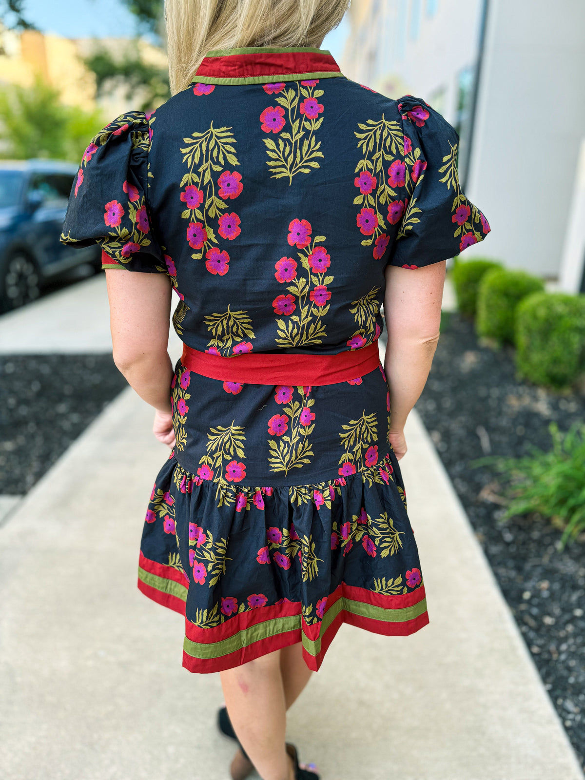 Black Floral Print Dress with Waist Tie