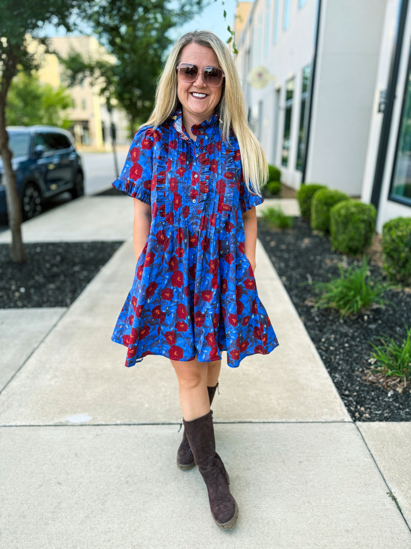 Blue Floral Pintuck Mini Dress