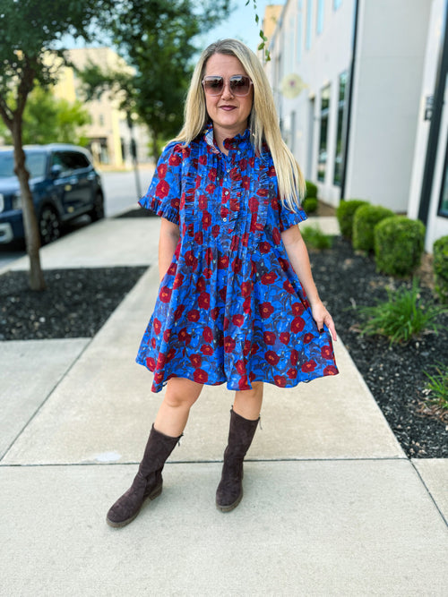 Blue Floral Pintuck Mini Dress