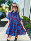 Blue Floral Pintuck Mini Dress