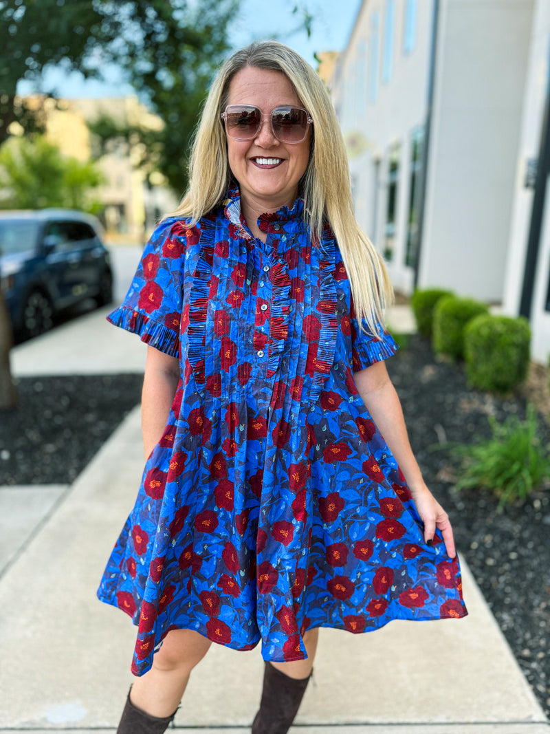 Blue Floral Pintuck Mini Dress