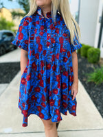 Blue Floral Pintuck Mini Dress