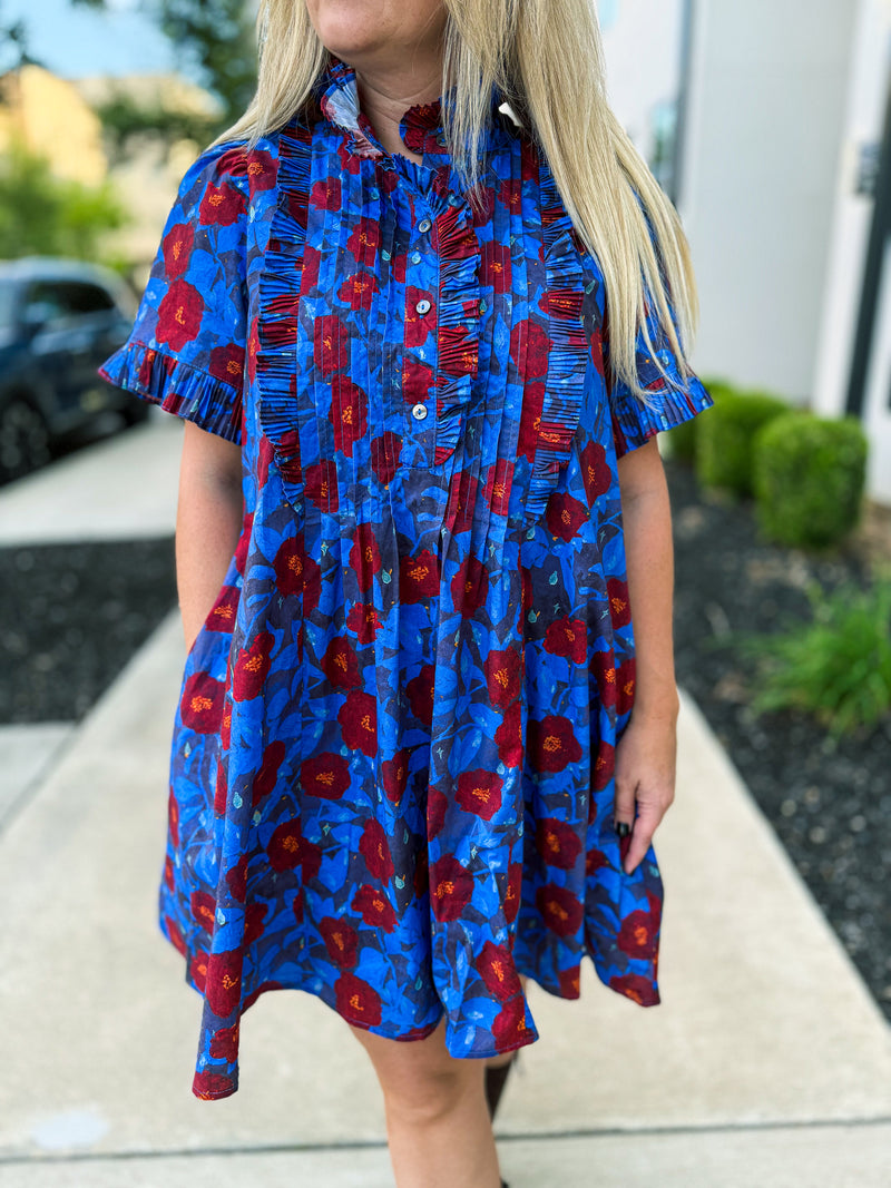 Blue Floral Pintuck Mini Dress