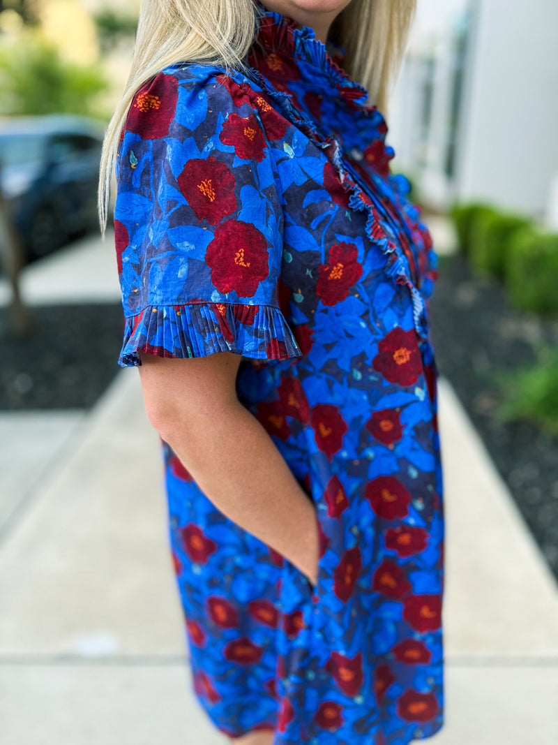 Blue Floral Pintuck Mini Dress