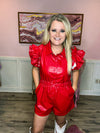 Red Leather Ruffle Romper