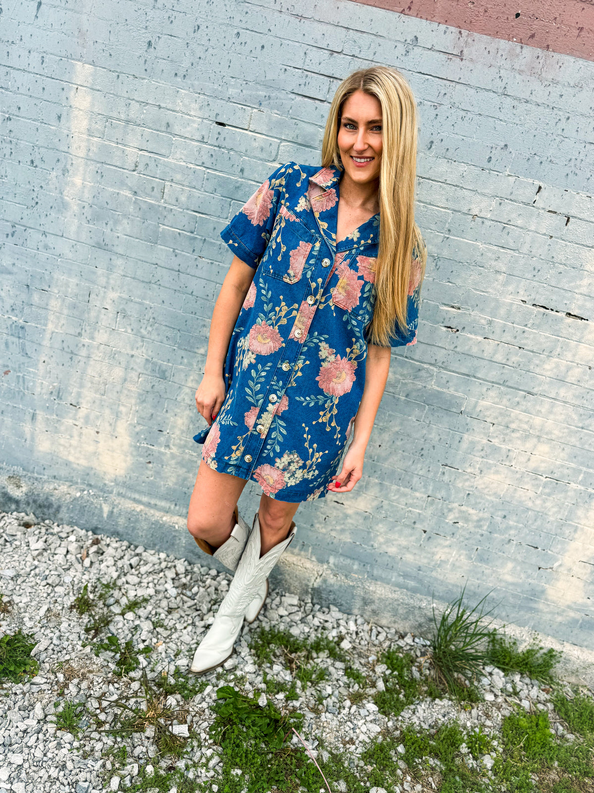 Pink Floral Denim Dress-Entro