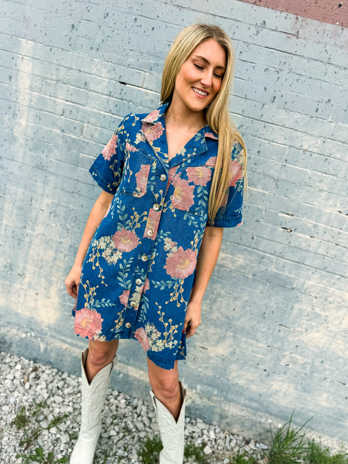Pink Floral Denim Dress-Entro