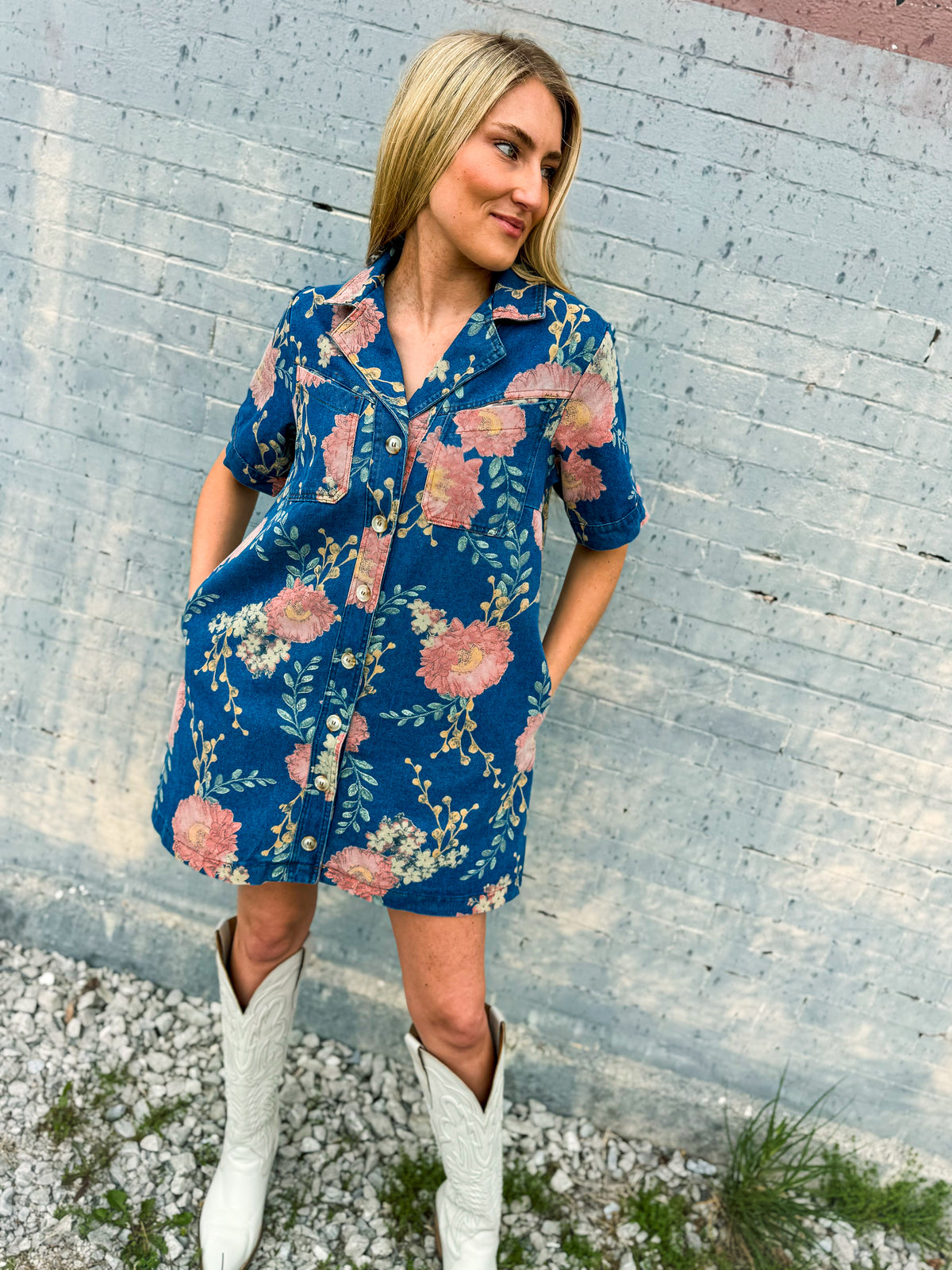 Pink Floral Denim Dress-Entro