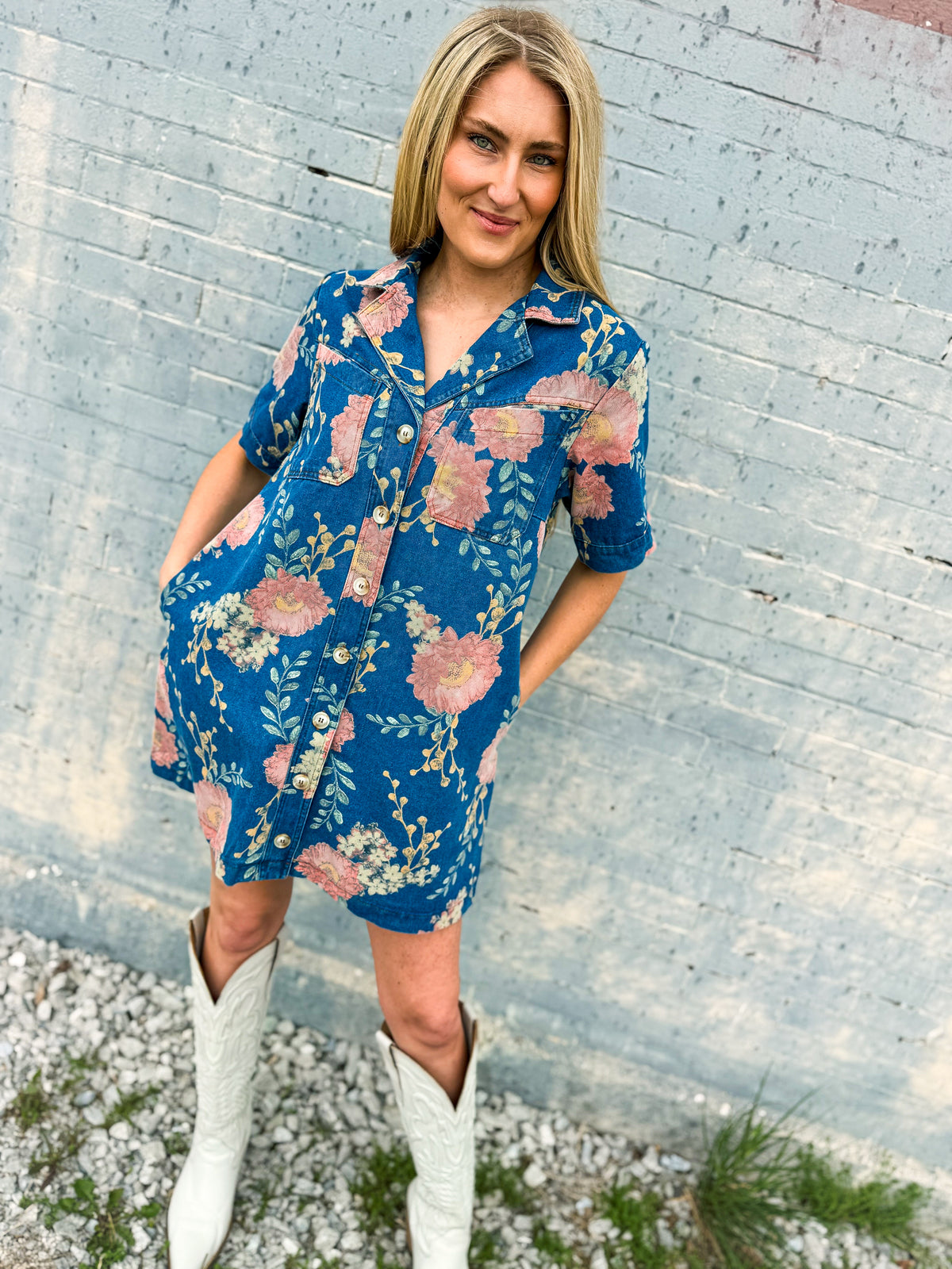 Pink Floral Denim Dress-Entro