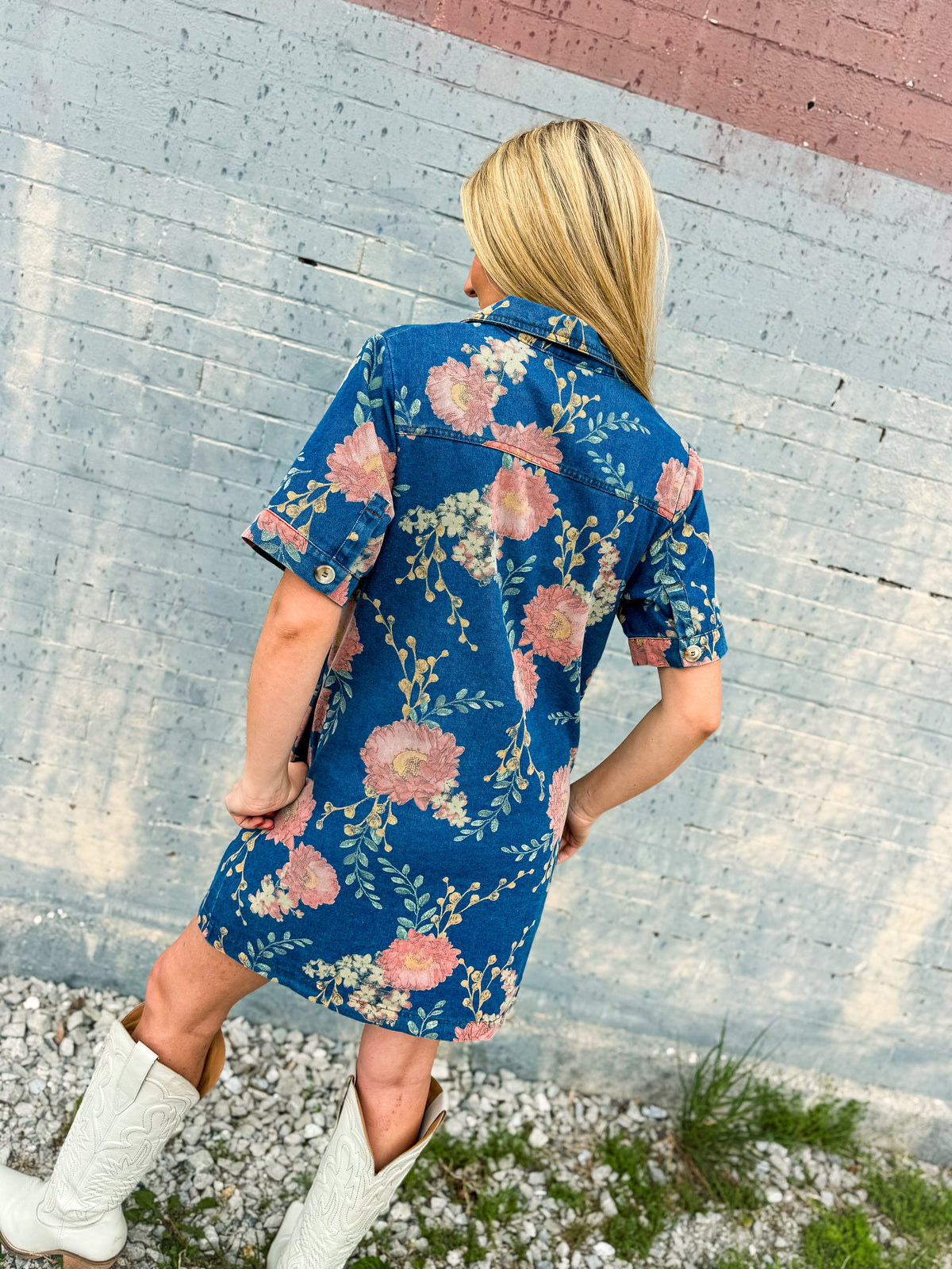 Pink Floral Denim Dress-Entro