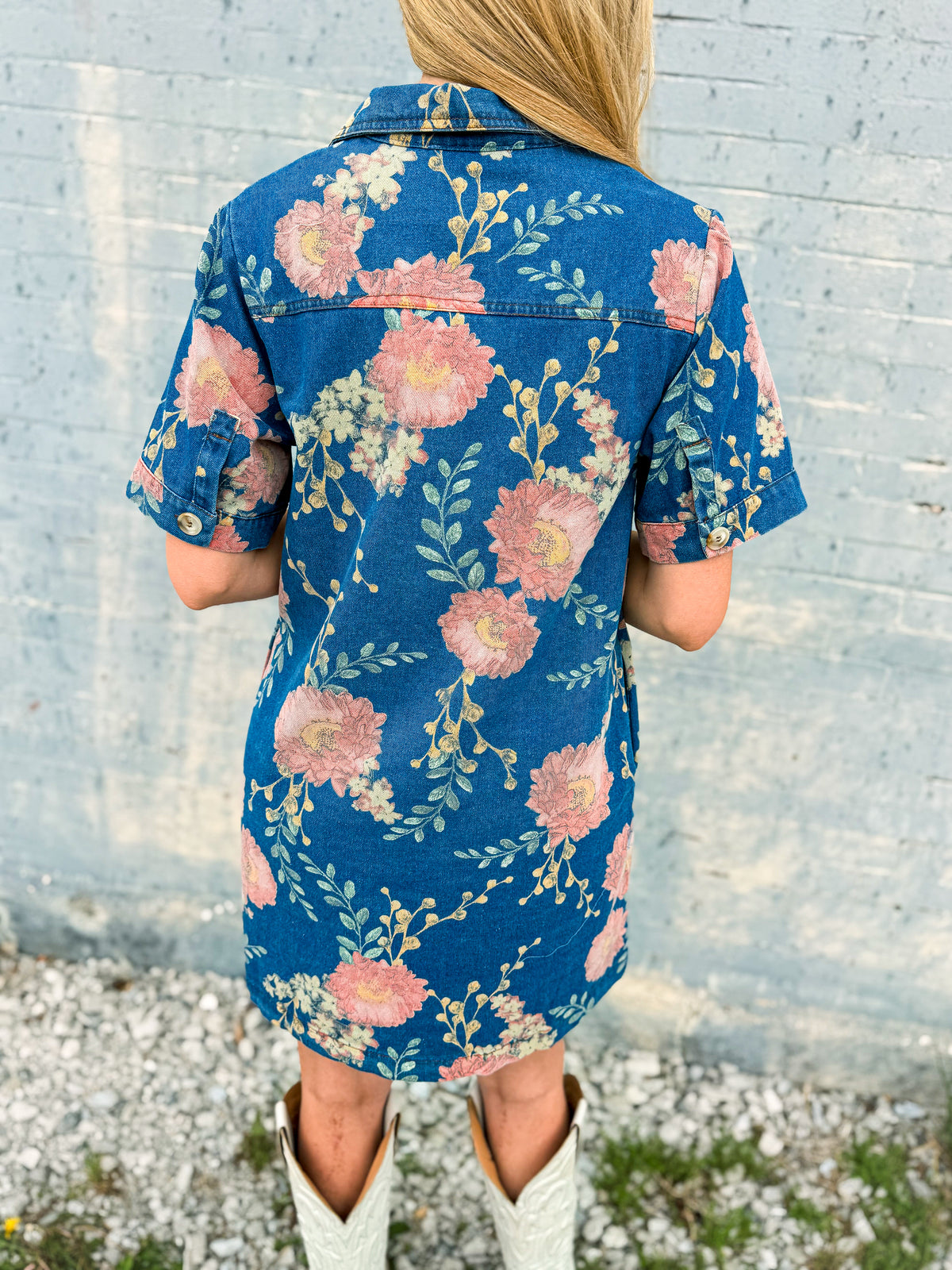 Pink Floral Denim Dress-Entro