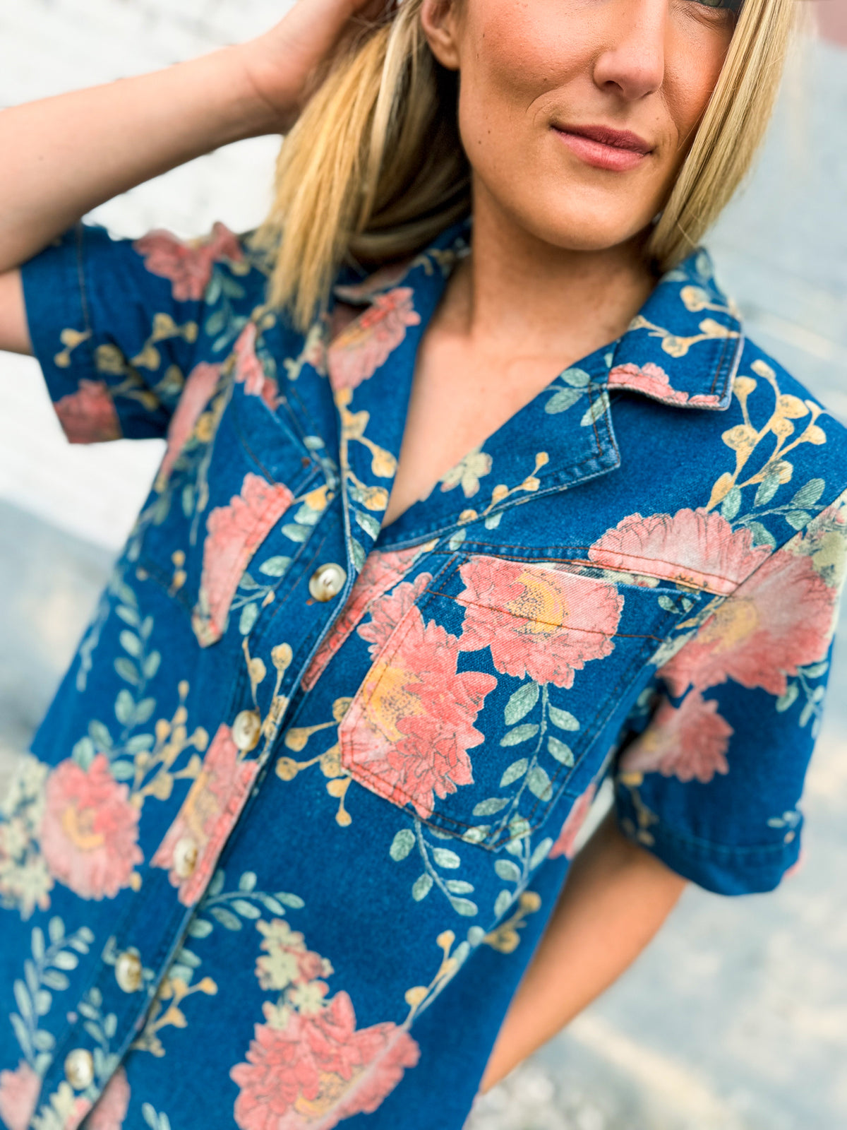 Pink Floral Denim Dress-Entro
