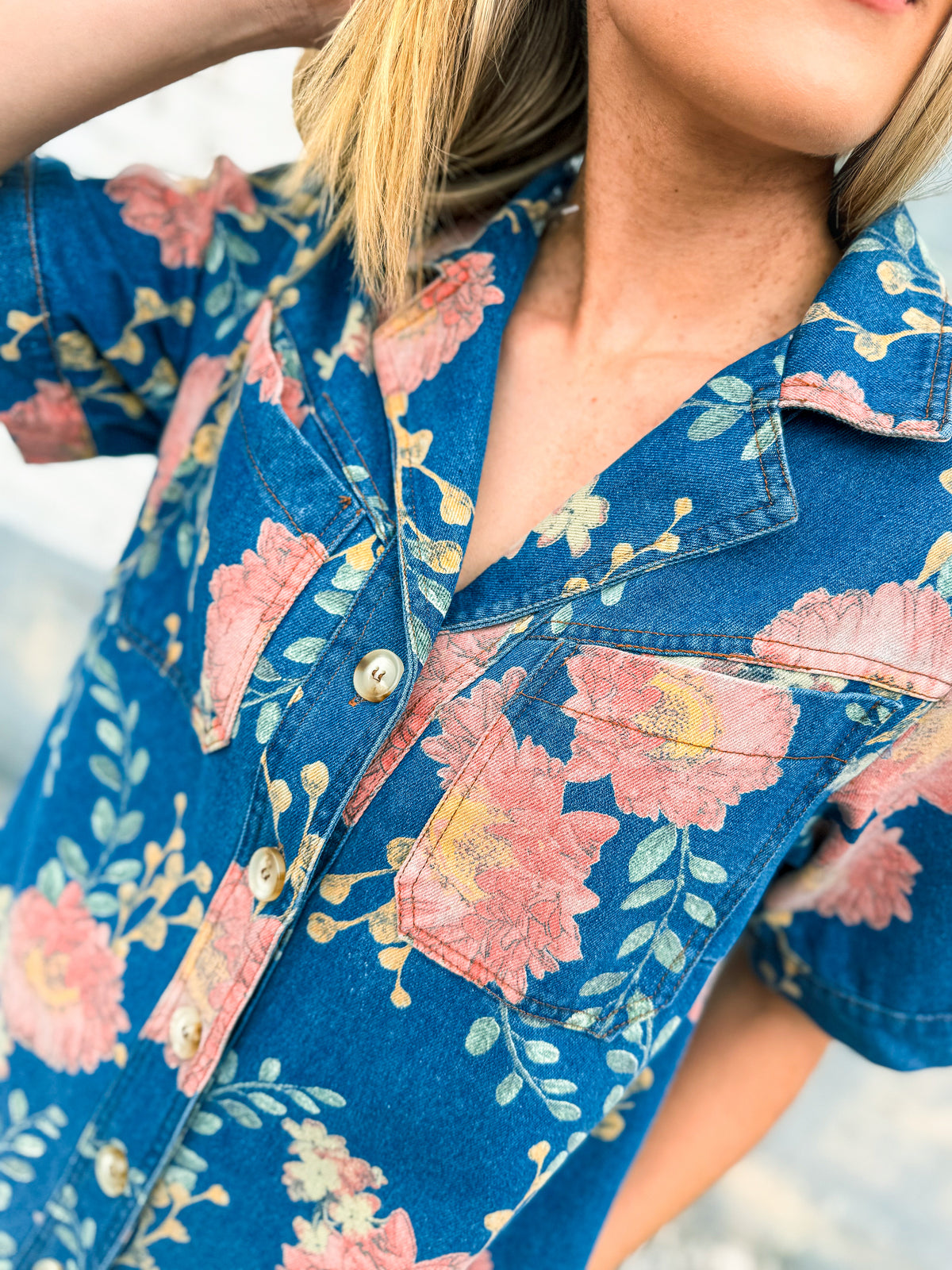Pink Floral Denim Dress-Entro