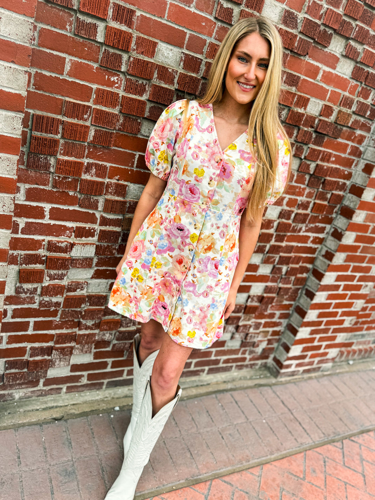 Floral Puff Sleeve Mini Dress-Entro