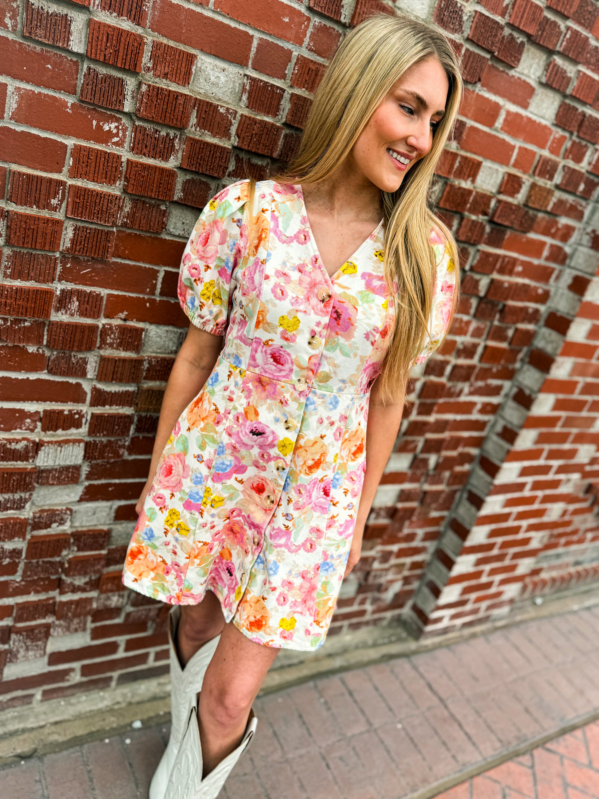 Floral Puff Sleeve Mini Dress-Entro