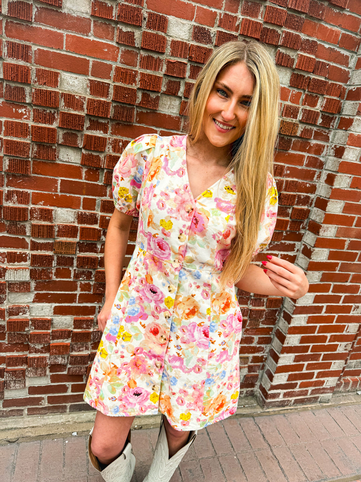 Floral Puff Sleeve Mini Dress-Entro