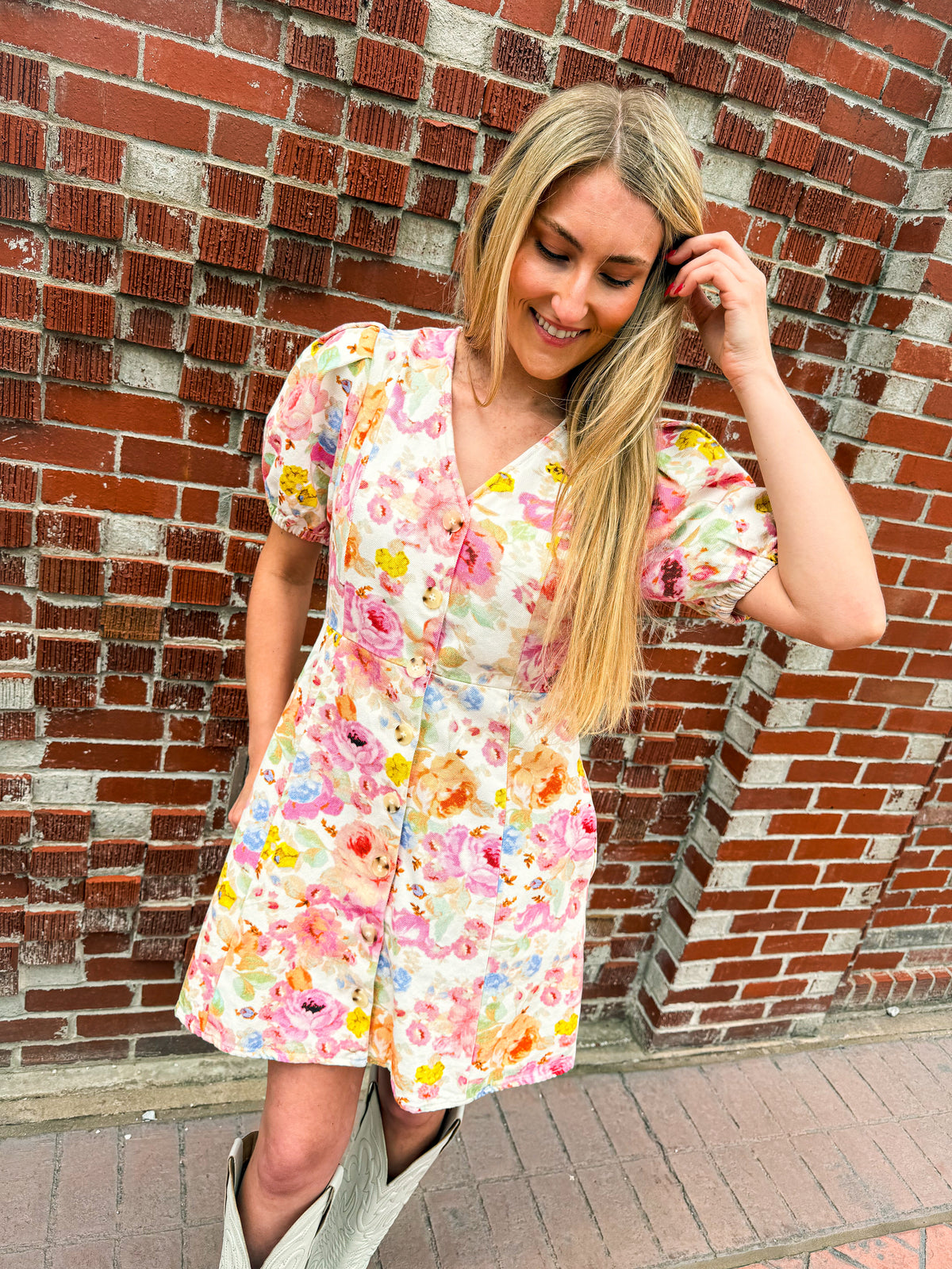 Floral Puff Sleeve Mini Dress-Entro