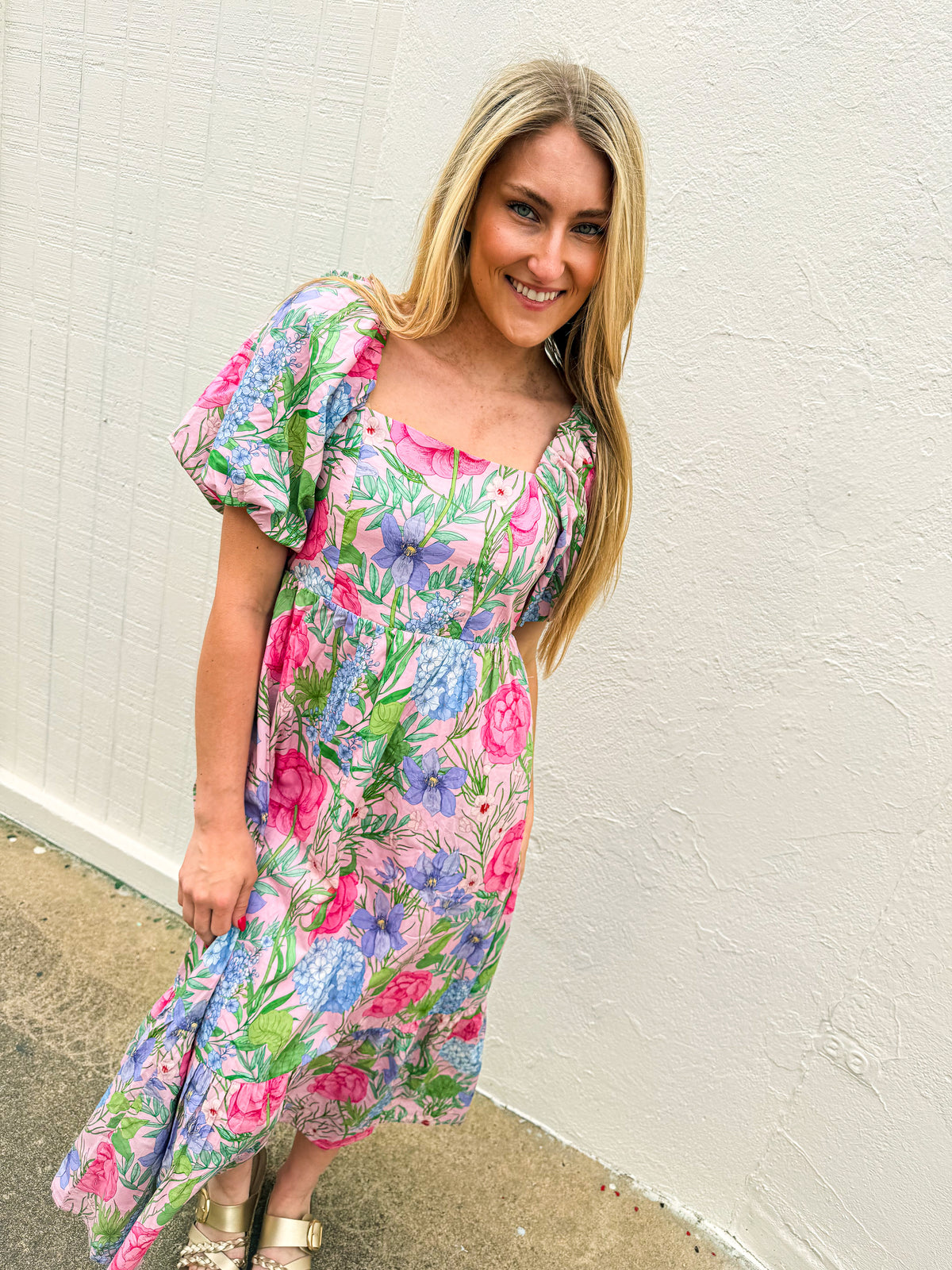 Floral Print Midi Dress-Entro