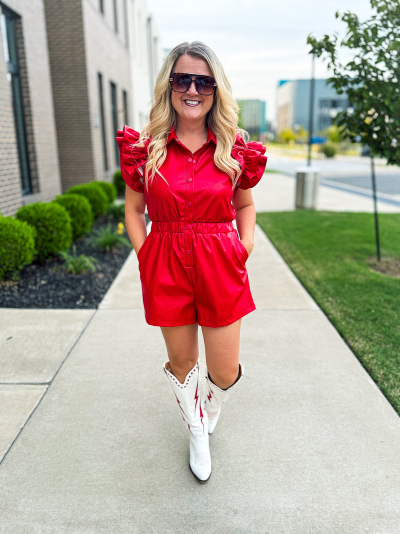 Red Leather Ruffle Romper