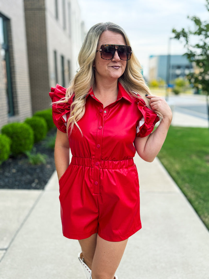Red Leather Ruffle Romper