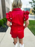 Red Leather Ruffle Romper