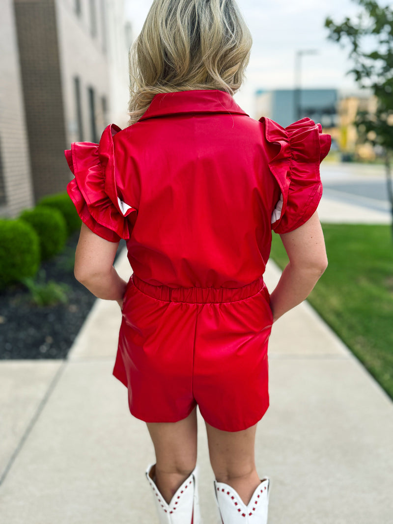 Red Leather Ruffle Romper