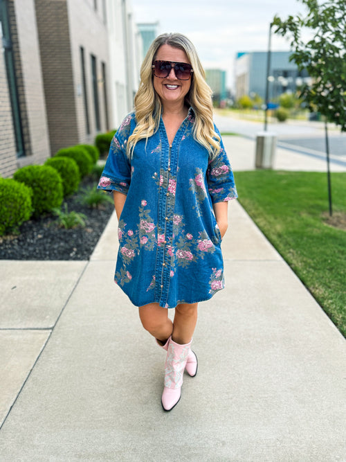 Denim Floral Dress-Entro
