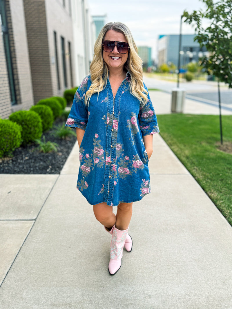 Denim Floral Dress-Entro