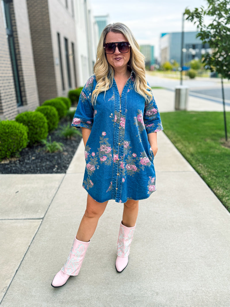 Denim Floral Dress-Entro