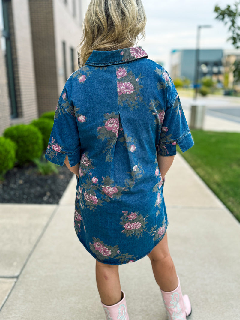 Denim Floral Dress-Entro