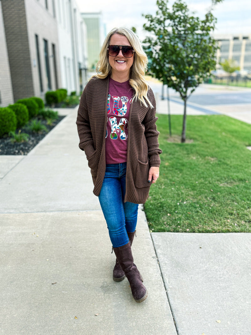 Brown Waffle Knit Cardigan-Zenana