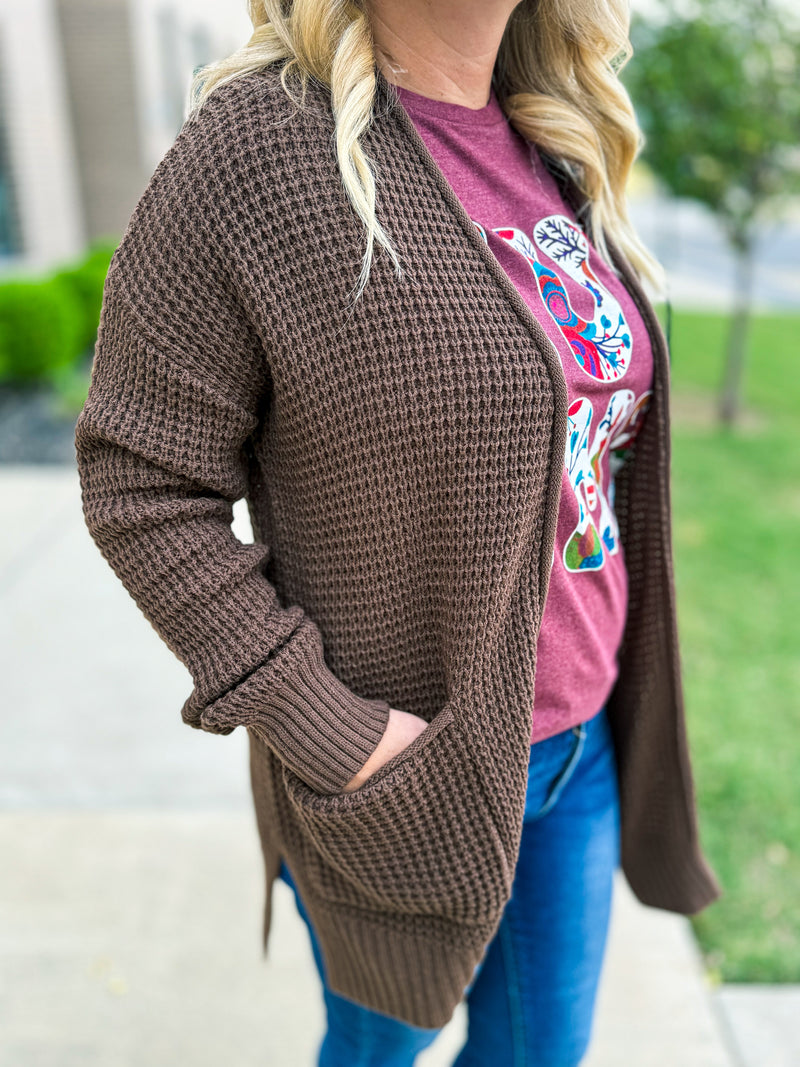 Brown Waffle Knit Cardigan-Zenana