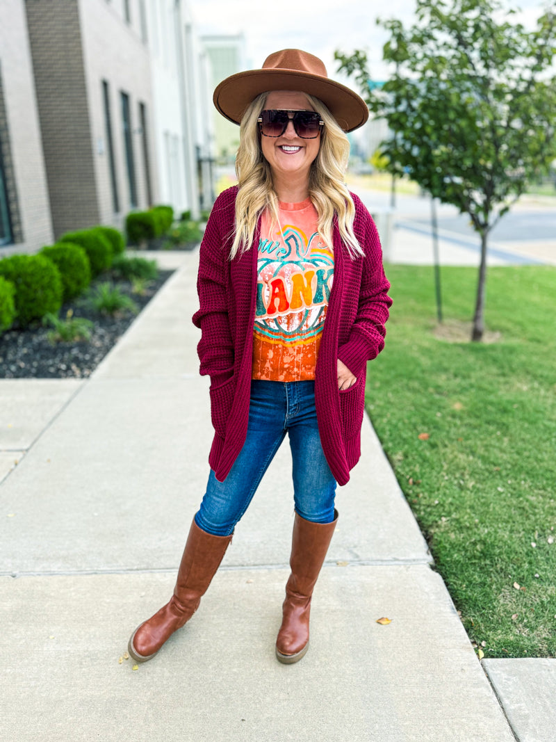 Maroon Waffle Knit Cardigan-Zenana