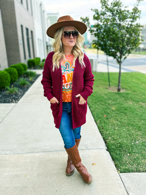 Maroon Waffle Knit Cardigan-Zenana