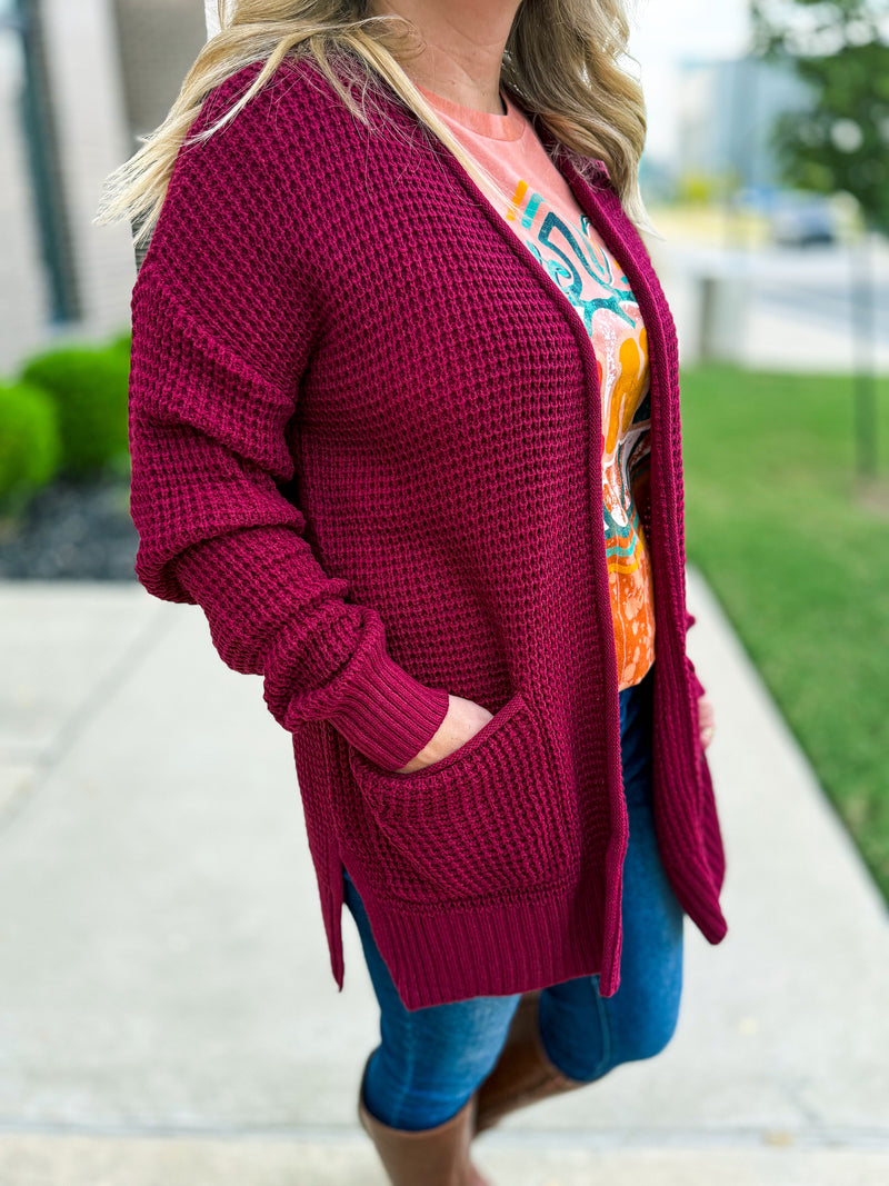 Maroon Waffle Knit Cardigan-Zenana