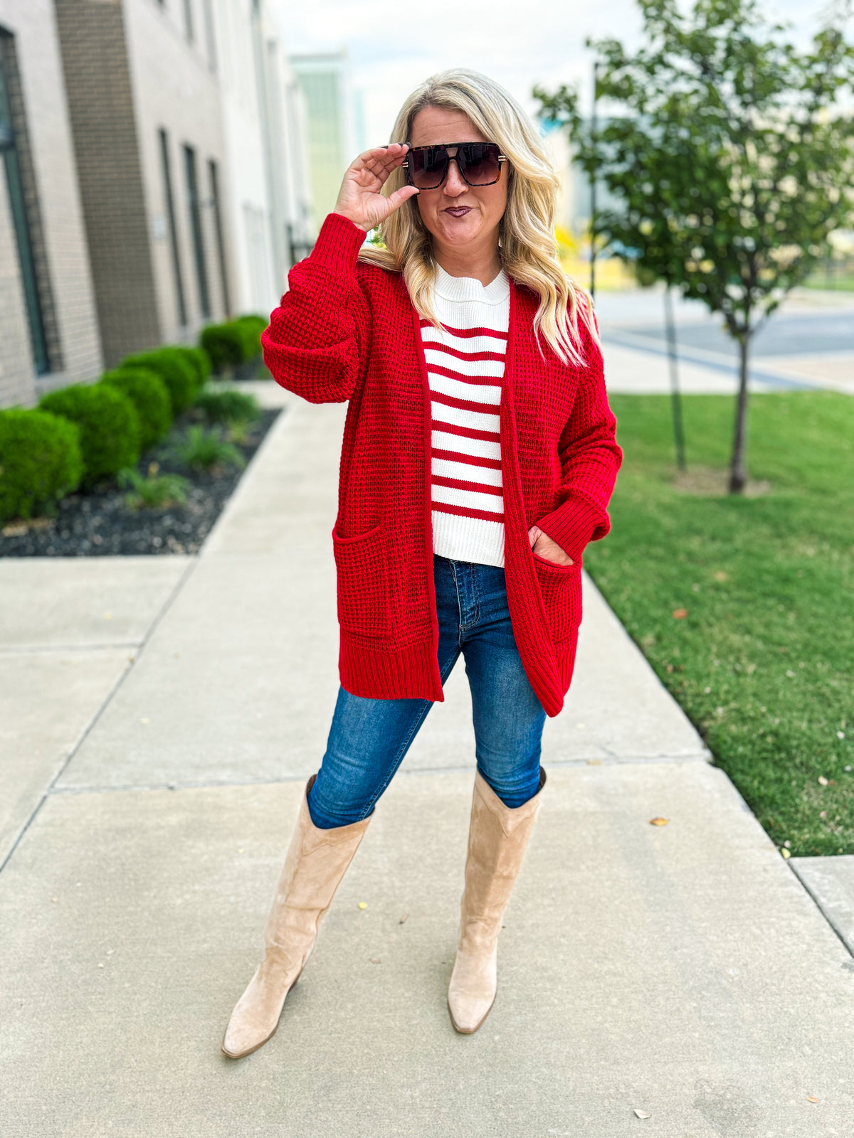 Red Waffle Knit Cardigan-Zenana