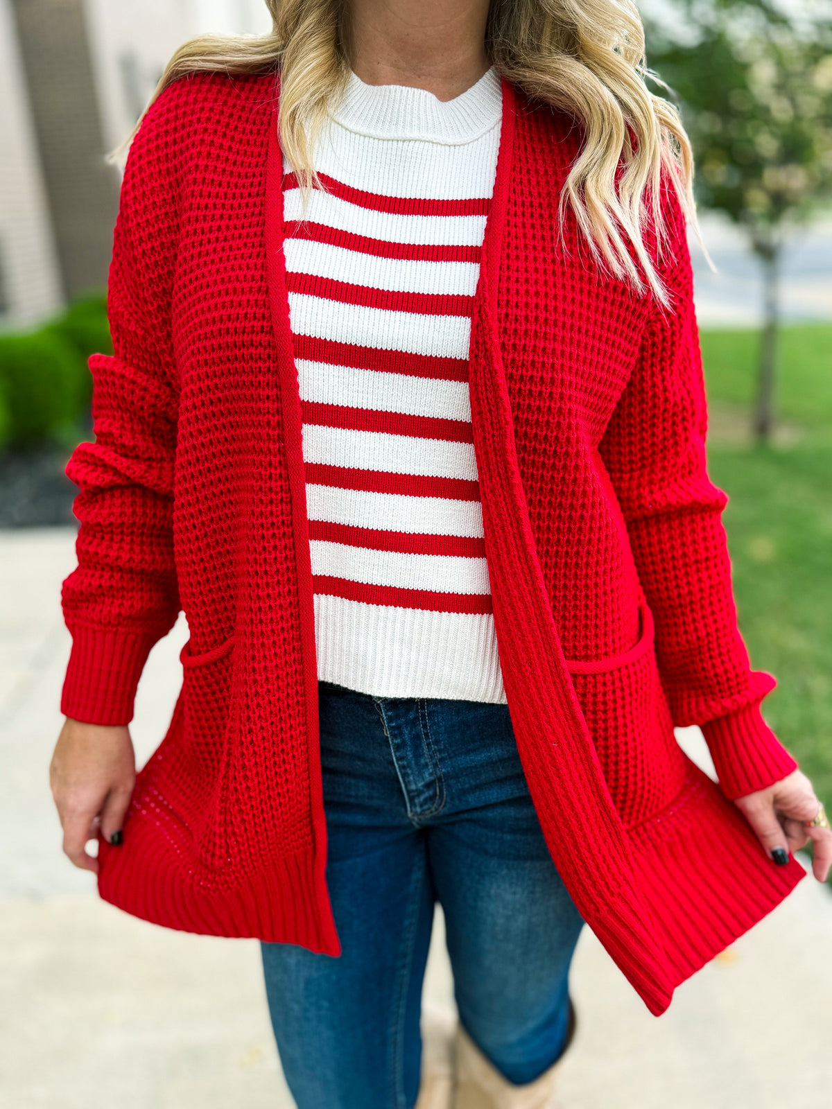 Red Waffle Knit Cardigan-Zenana