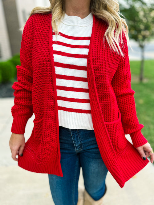 Red Waffle Knit Cardigan-Zenana