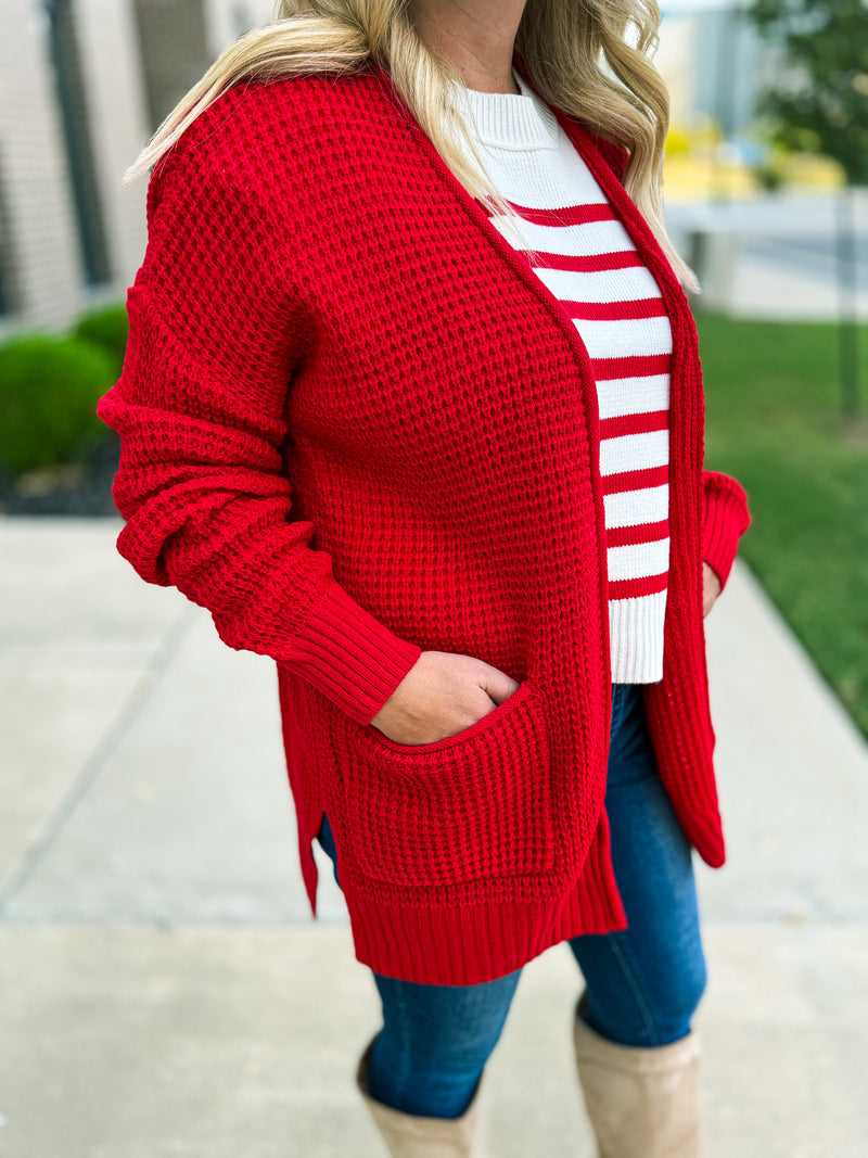 Red Waffle Knit Cardigan-Zenana