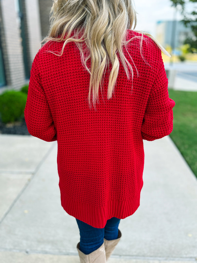 Red Waffle Knit Cardigan-Zenana