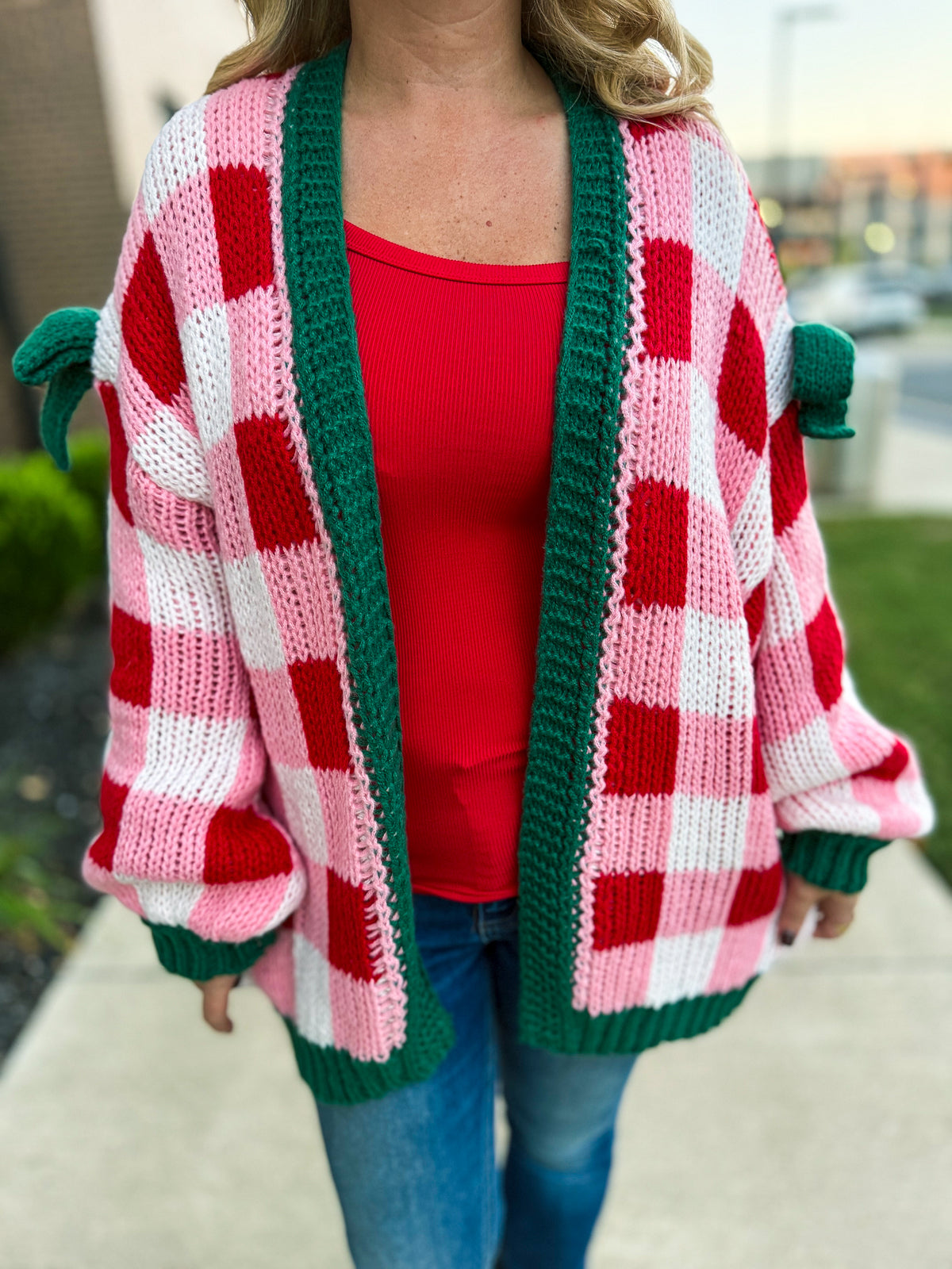 Red Checkered Christmas Cardigan with Bows