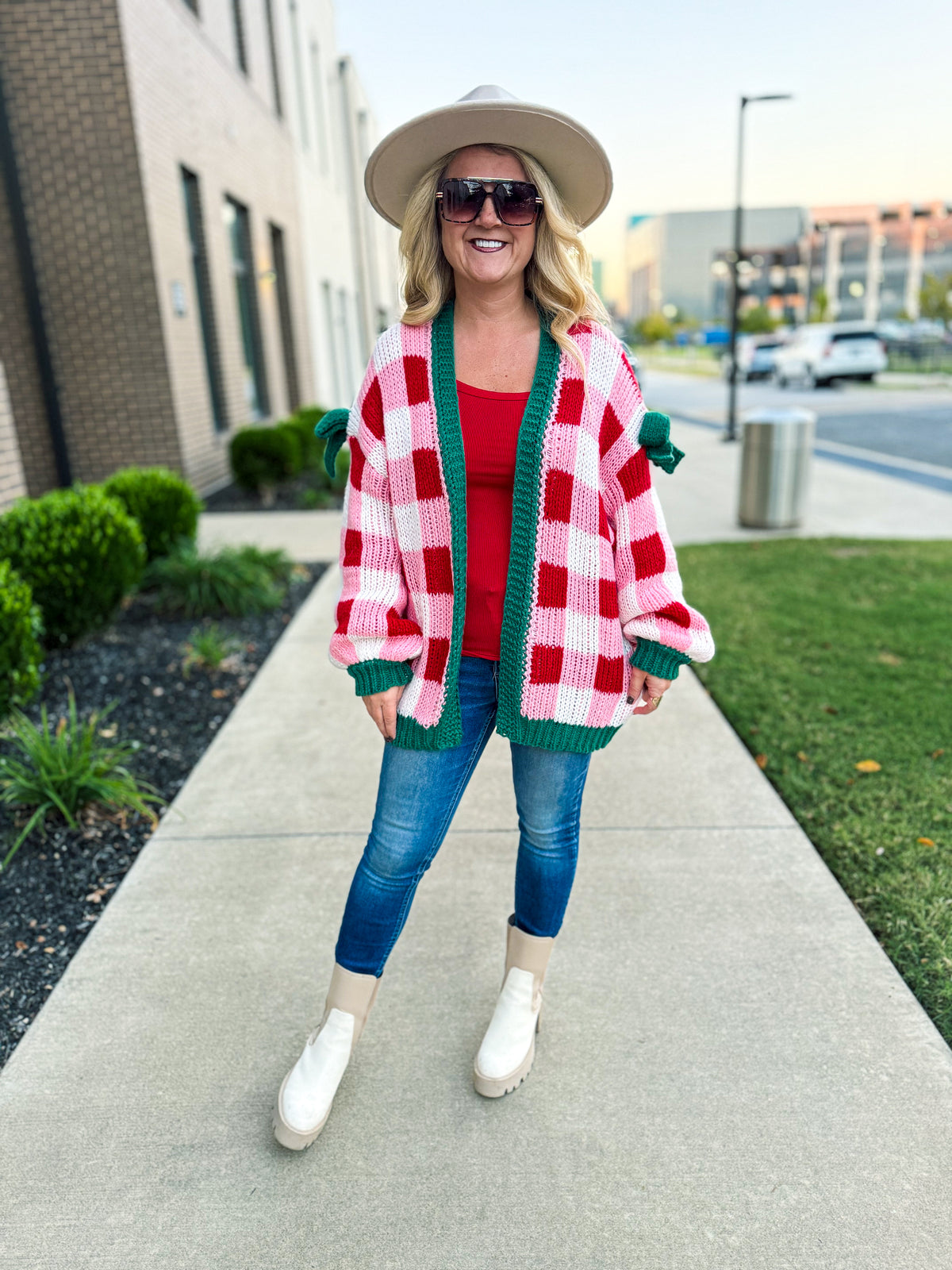 Red Checkered Christmas Cardigan with Bows