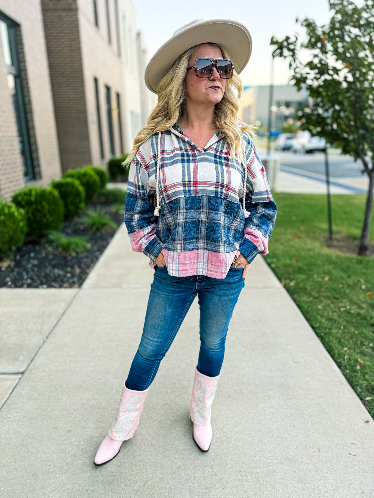 Blue & Pink Plaid Hoodie-Bibi