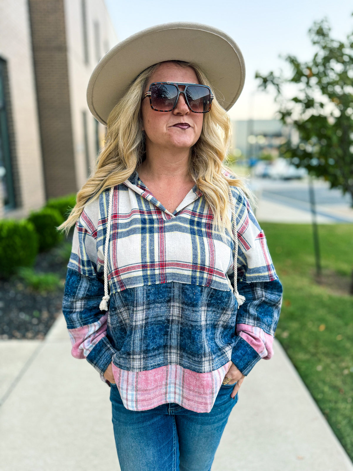 Blue & Pink Plaid Hoodie-Bibi
