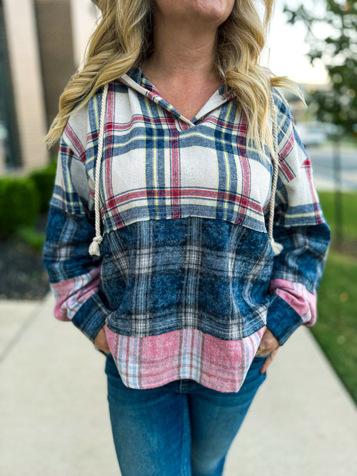 Blue & Pink Plaid Hoodie-Bibi