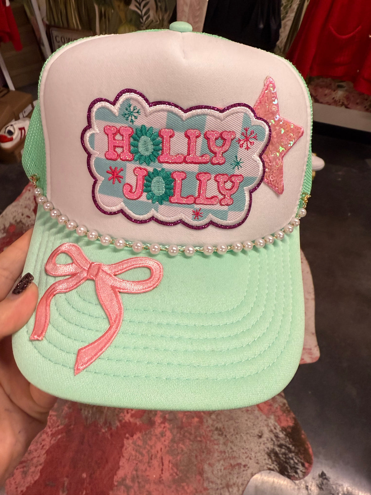 Holly Jolly Bow Cap-Mint