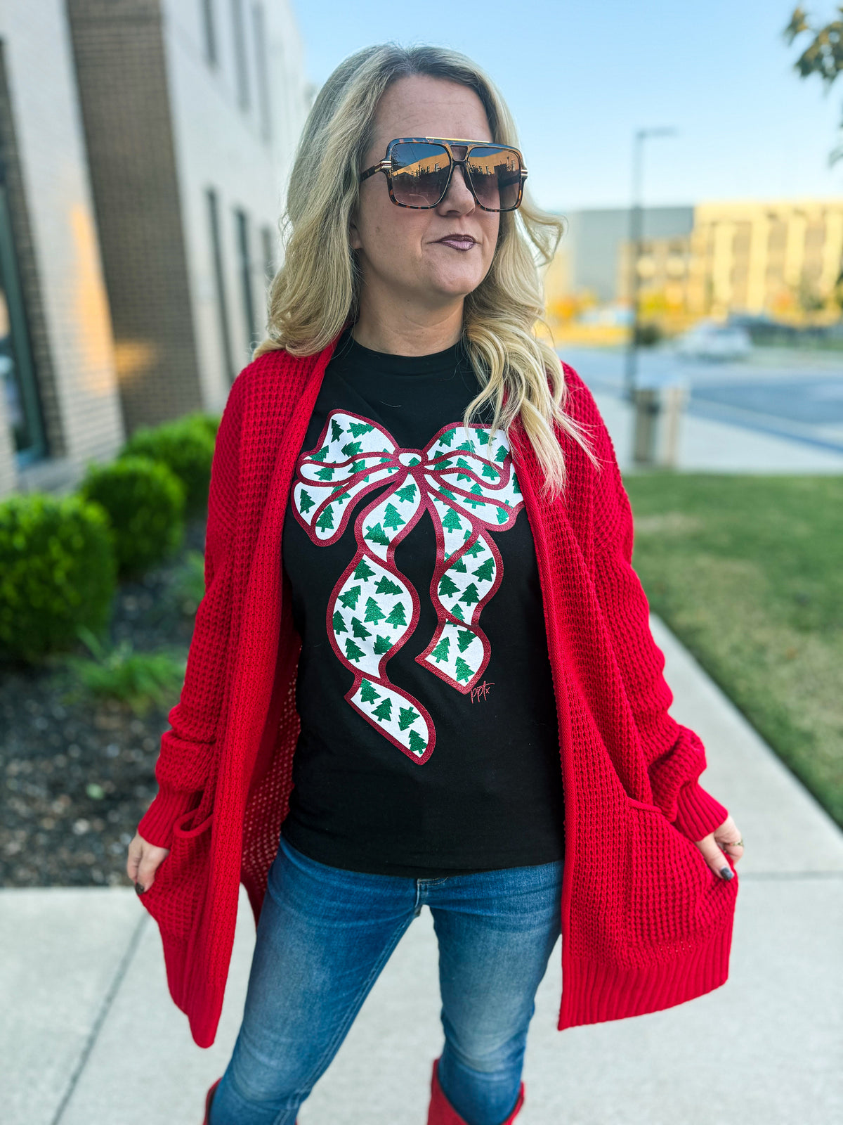 Red Glitter Bow Tee